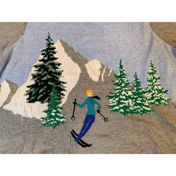 Talbots Women’s Sweater Plus 1X Gray Skiing Girl Scene Round Neck Pullover NWT - Picture 2 of 6